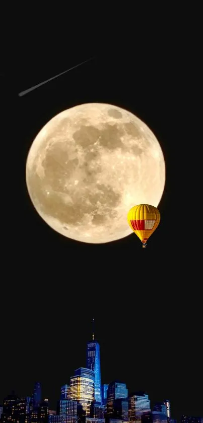 Mobile wallpaper of moon, city skyline, and hot air balloon at night.