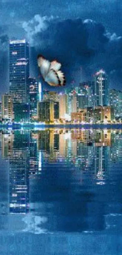 Serene night cityscape with butterfly over water.