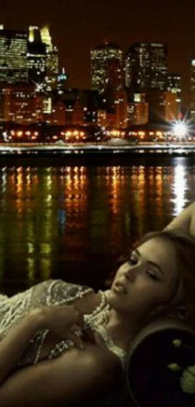 Glamorous woman with cityscape at night wallpaper.