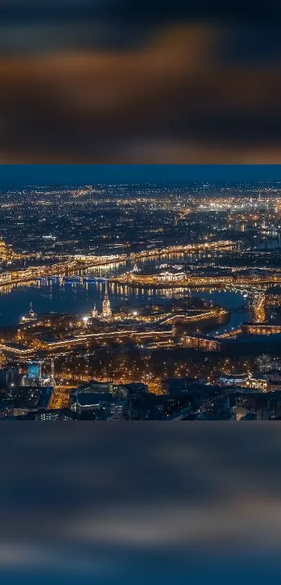 A stunning night cityscape with illuminated city lights, captured from above.