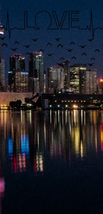 Night cityscape wallpaper with 'LOVE' and reflections on water.