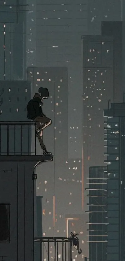 Illustrated cityscape at night with a person sitting on a rooftop.