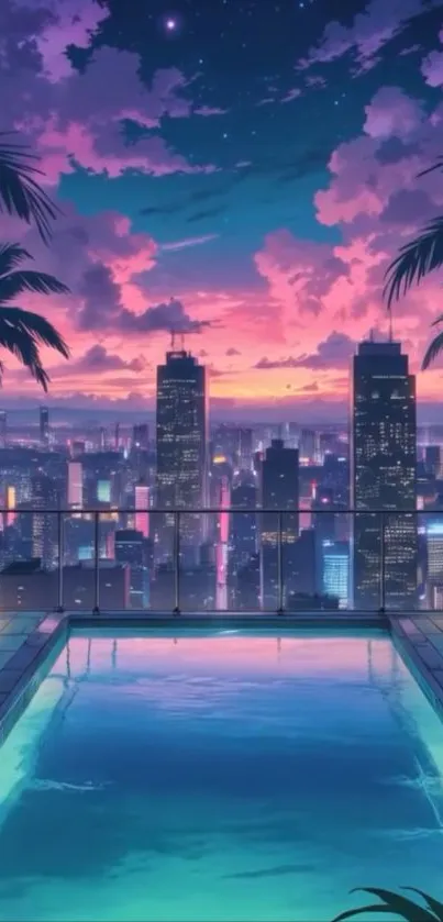 City skyline at night with rooftop pool and purple sky.