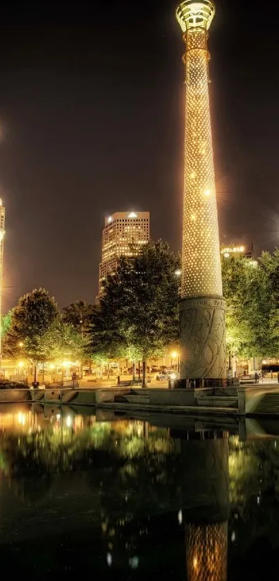 Vibrant cityscape at night with reflections on water.