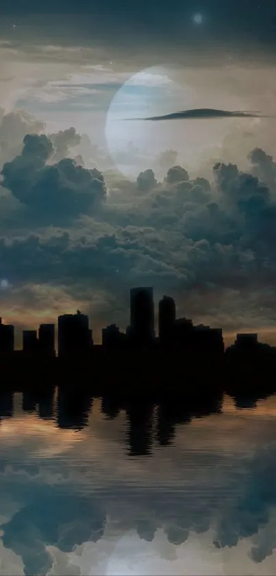 Cityscape reflection at night under a moonlit sky with clouds.