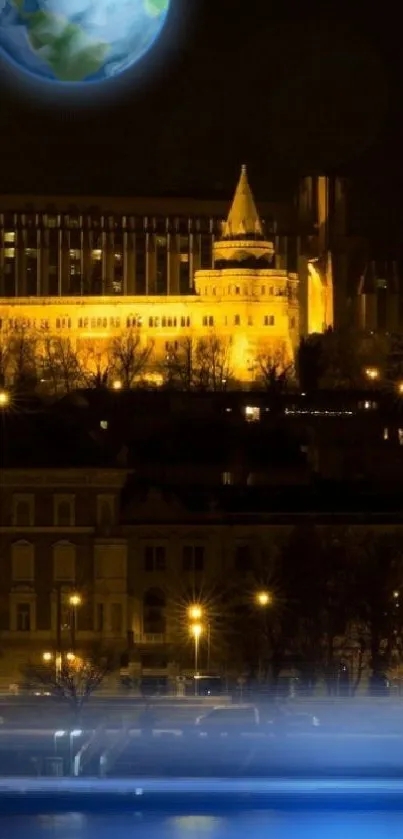 Night cityscape with glowing Earth, golden lights.