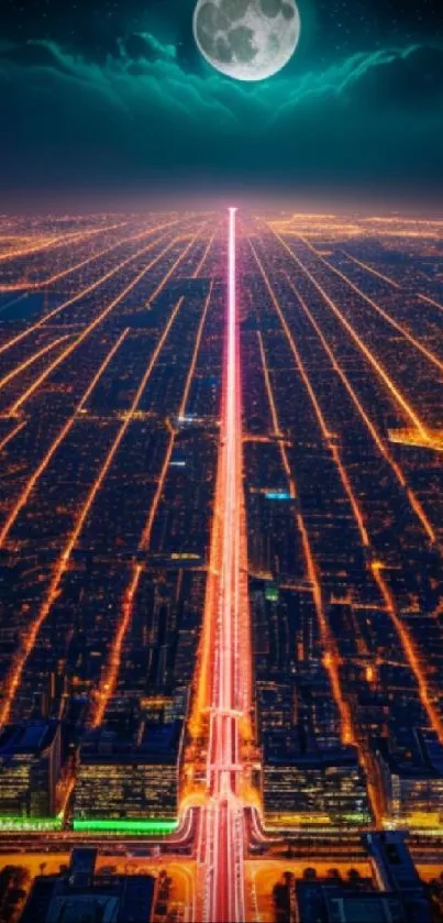 City skyline at night with a bright full moon and glowing streets.