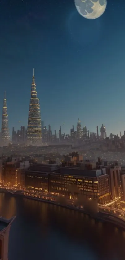 Night cityscape with illuminated skyscrapers and a moonlit sky.