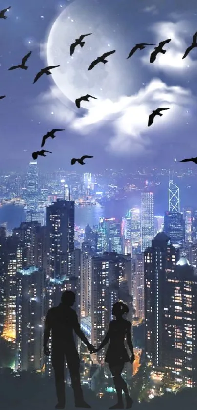 Silhouettes and cityscape under a moonlit sky at night with birds flying.