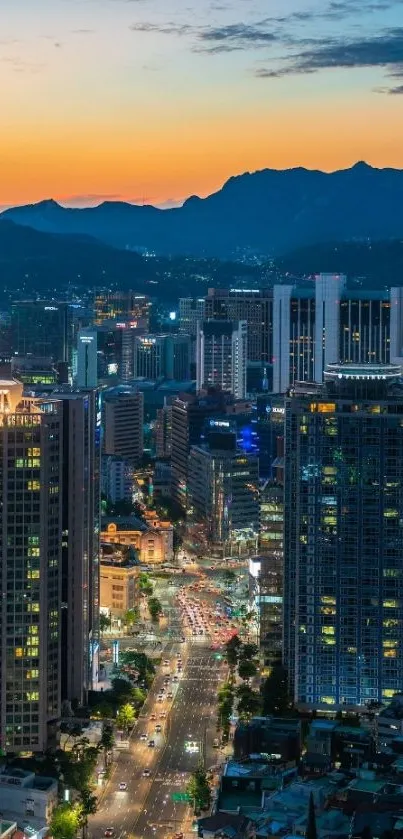 Night cityscape with skyscrapers and sunset sky wallpaper.