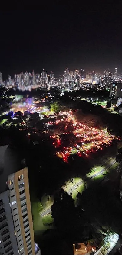 A vibrant cityscape at night with lights illuminating the skyline.