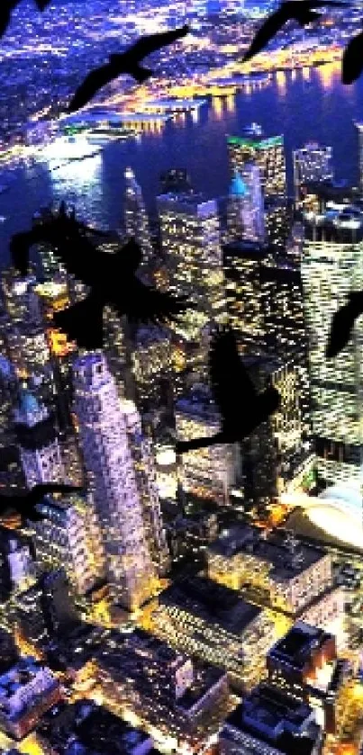 Aerial nighttime cityscape with illuminated skyscrapers and flying birds.