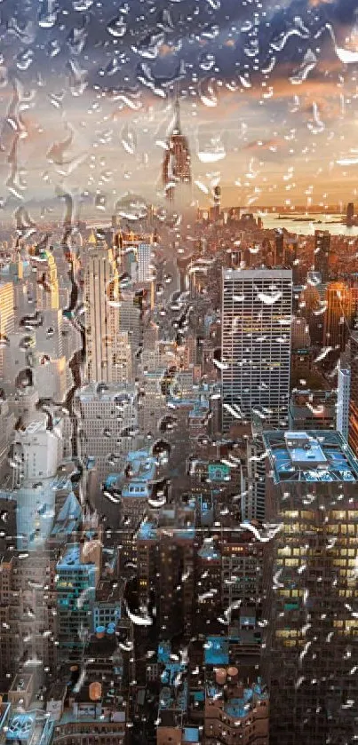 Cityscape with raindrops on window at sunset, creating a moody urban wallpaper.