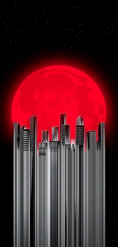 Futuristic cityscape with a red moon in the background.