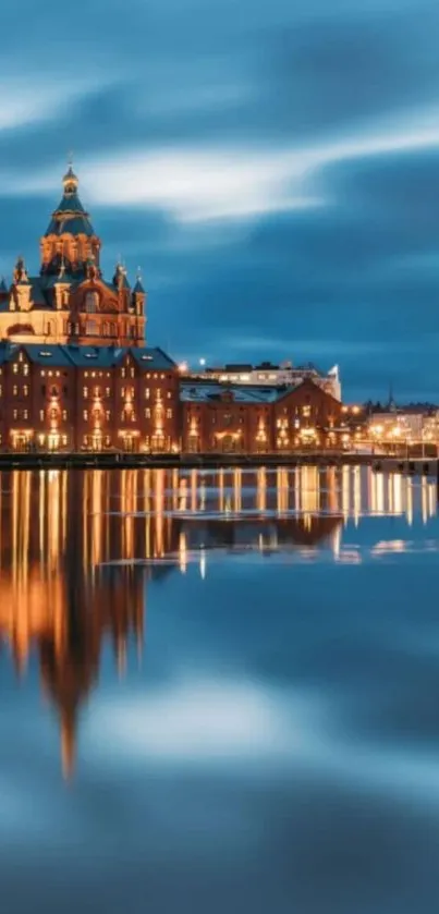 Cityscape night with building reflected in calm waters, showcasing serene beauty.