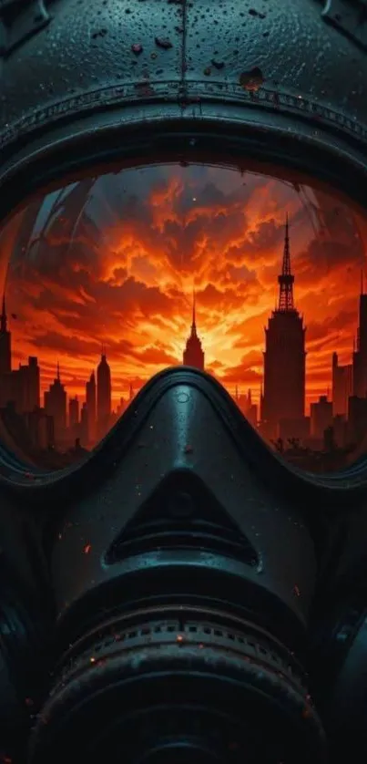 Cityscape reflection in helmet with fiery sky.