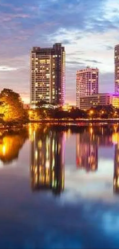 Cityscape reflection on water at dusk, vibrant skyline for mobile wallpaper.