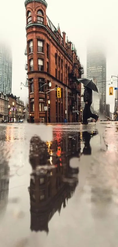 Reflective street scene with an umbrella in a rainy urban city.