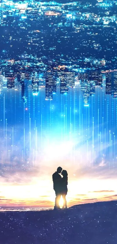 Couple silhouette against cityscape with starry night sky.