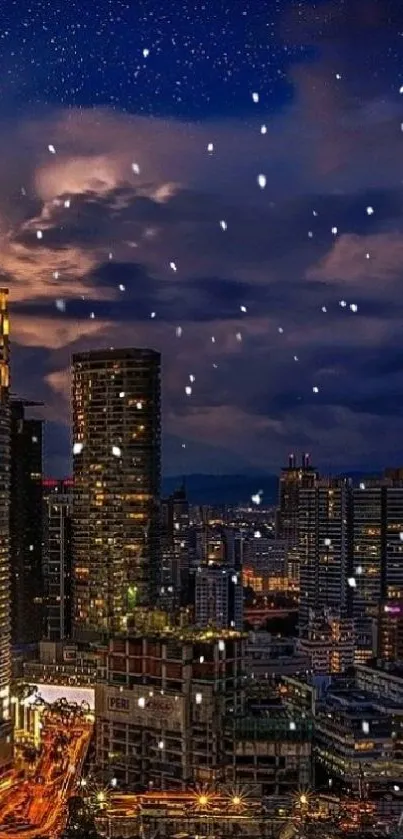 Snowy cityscape at night with glowing buildings and dark blue sky.