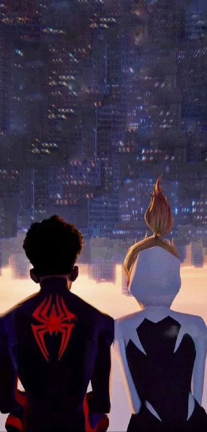 Animated superheroes gaze at city skyline reflection.