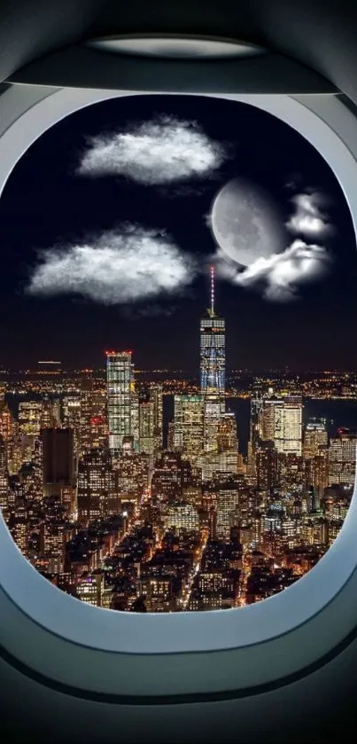 View of a city at night through airplane window with moon and clouds.