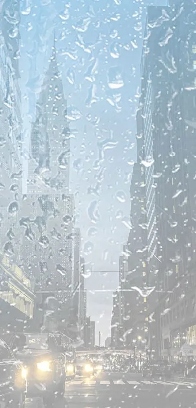 Cityscape seen through raindrop-covered window at night.