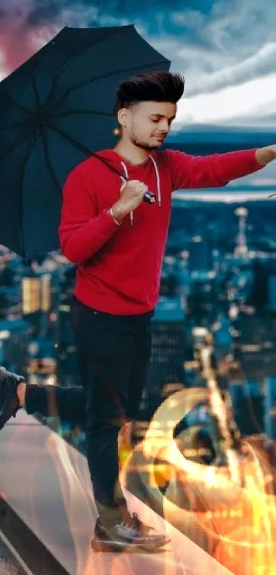 Man with umbrella on rooftop over cityscape.