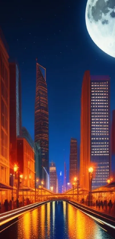 Cityscape with skyscrapers and full moon over water at night.