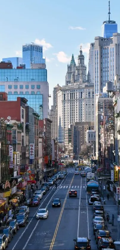 High-rise buildings and bustling street in cityscape view.