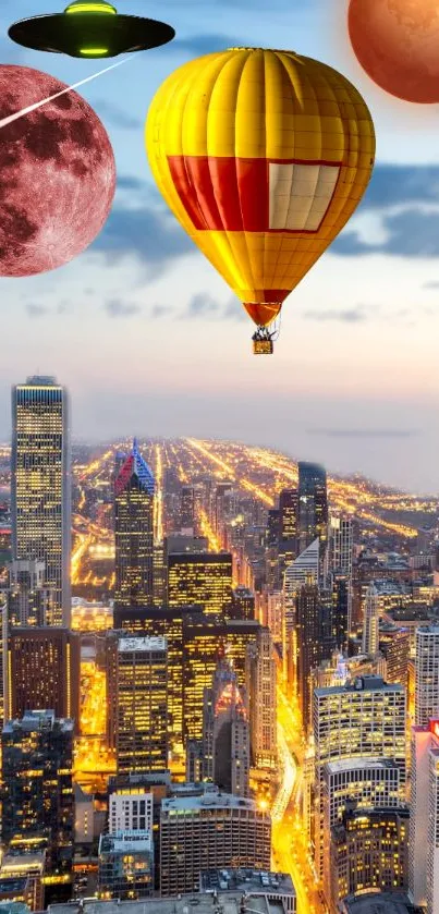 Vibrant cityscape with hot air balloon, planets, and UFO in the sky.