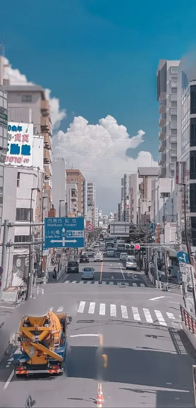 City street with traffic under a vibrant blue sky.