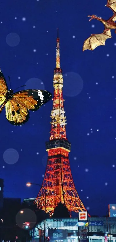 Tokyo Tower skyline with butterfly and dragon at night.