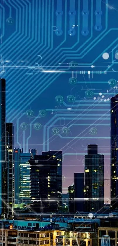Futuristic cityscape with digital circuit background on a mobile wallpaper.