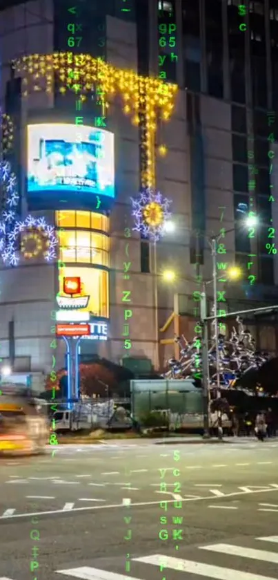 City building with digital matrix overlay at night.