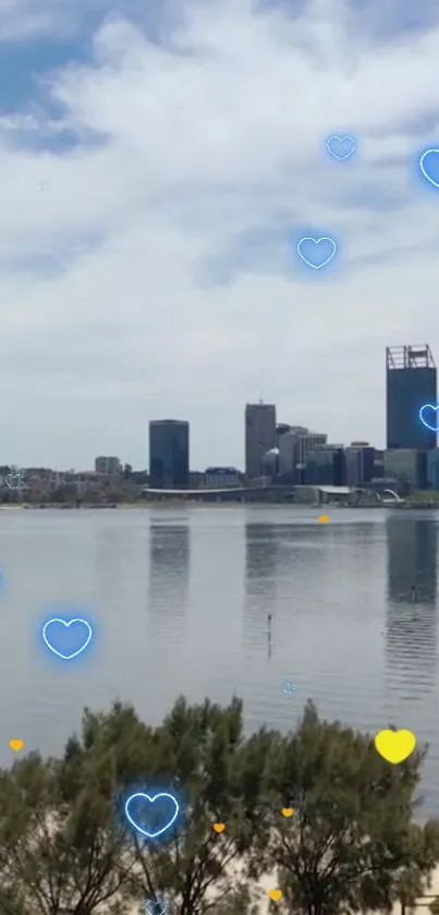 Cityscape wallpaper with floating blue and yellow heart icons over calm waters.