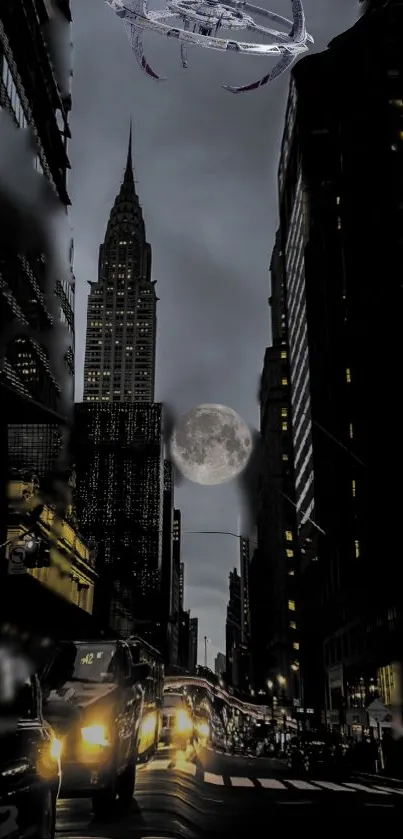 Cityscape at night with full moon and skyscrapers.