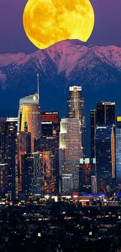 City skyline with full moon and purple sky.