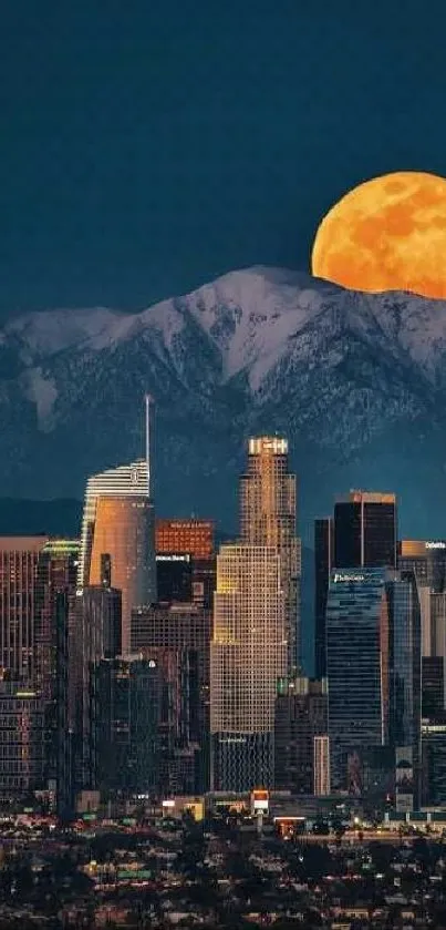 City skyline with full moon over mountain and night sky.