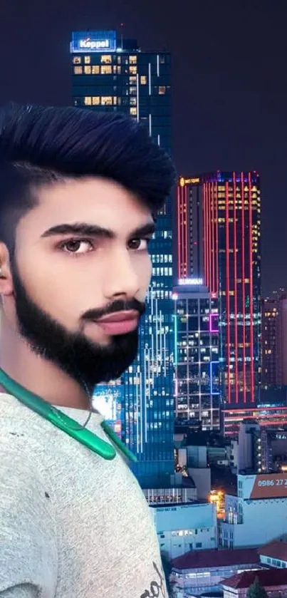 Modern man with city skyline backdrop at night.