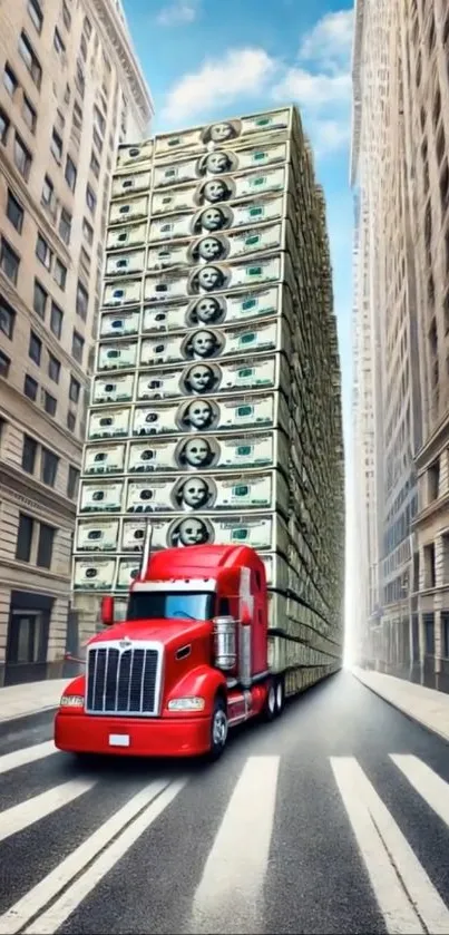 Towering cash stack on red truck in city street.