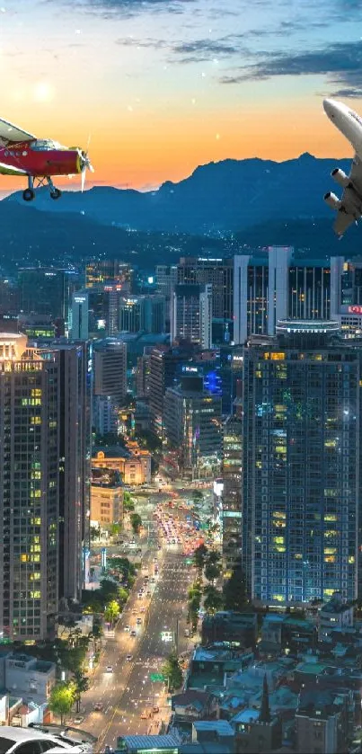 Airplanes over cityscape at dawn with sleek car and skyscrapers.