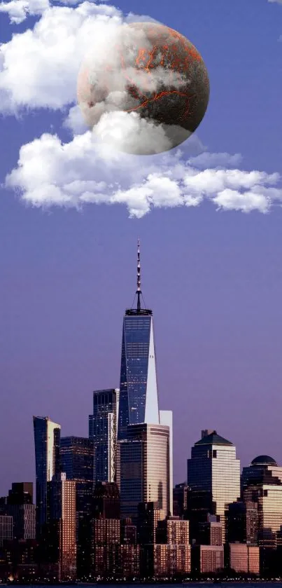 Mobile wallpaper of a cityscape with a planet above clouds.