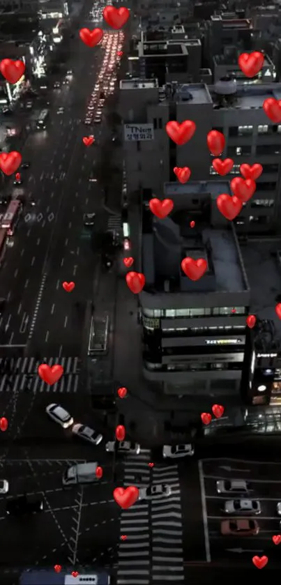 City streets with floating red hearts at night, perfect for a romantic wallpaper.