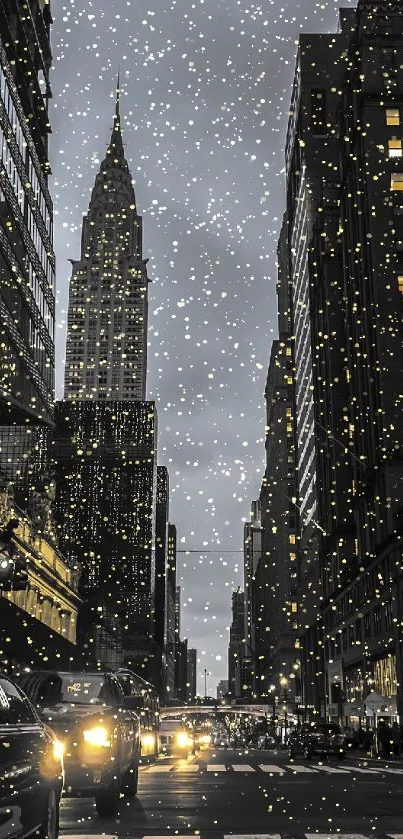 Urban skyline with snowflakes at night, featuring soft glowing lights on streets.