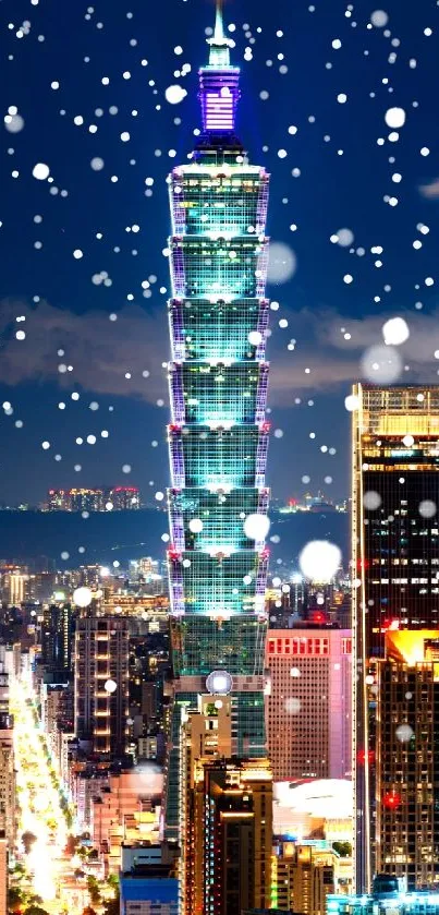 Snow-covered cityscape with a towering skyscraper at night.