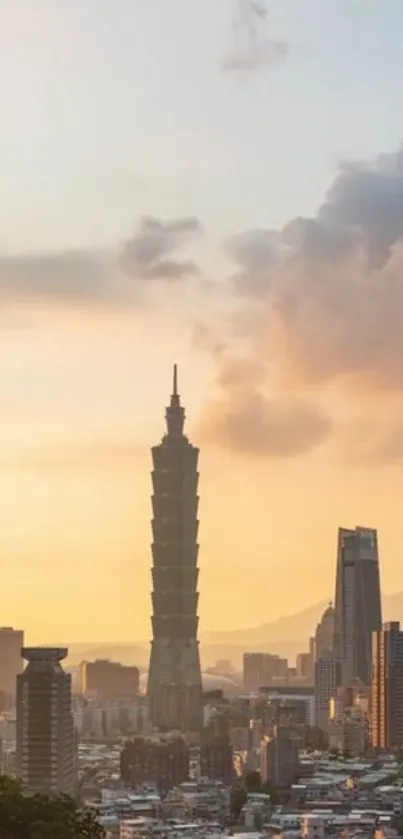 Dramatic cityscape with tower during golden sunset.