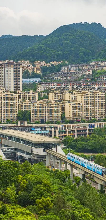 Cityscape wallpaper with train and mountains view.