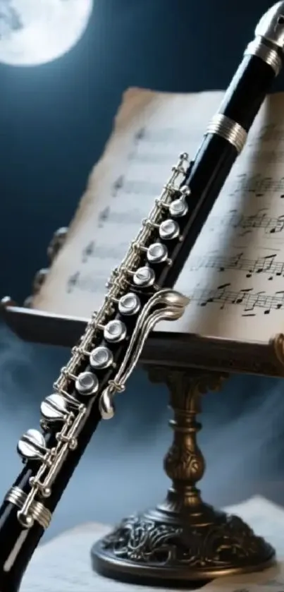 Clarinet with sheet music in elegant arrangement under moonlight.