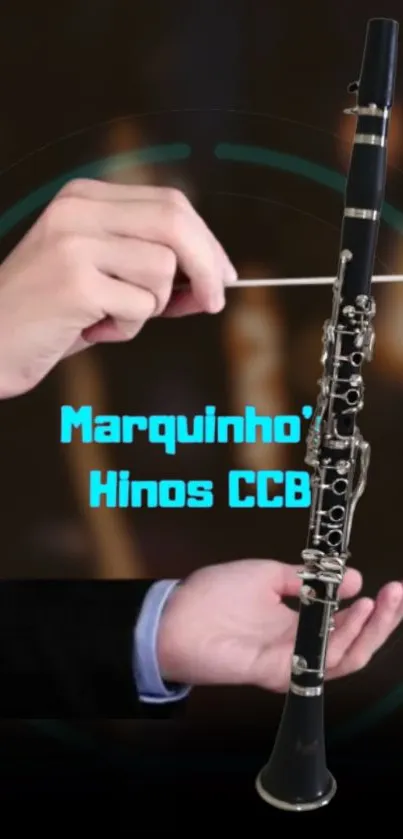 Clarinet being played on a dark background.